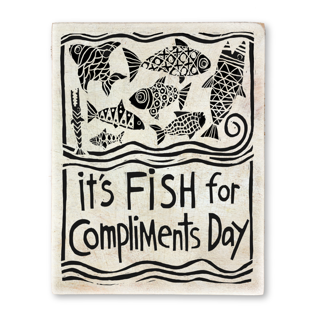 made up holiday: fish for compliments linocut storyblock