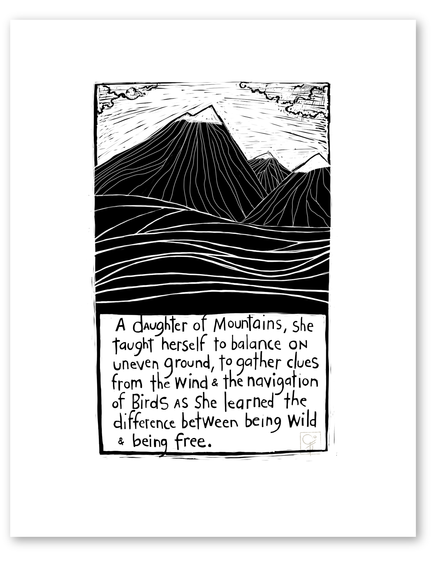 linocut: daughter of mountains art print