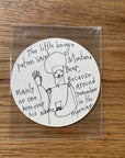 original pen & ink drawing on a coaster: patron saint of beer