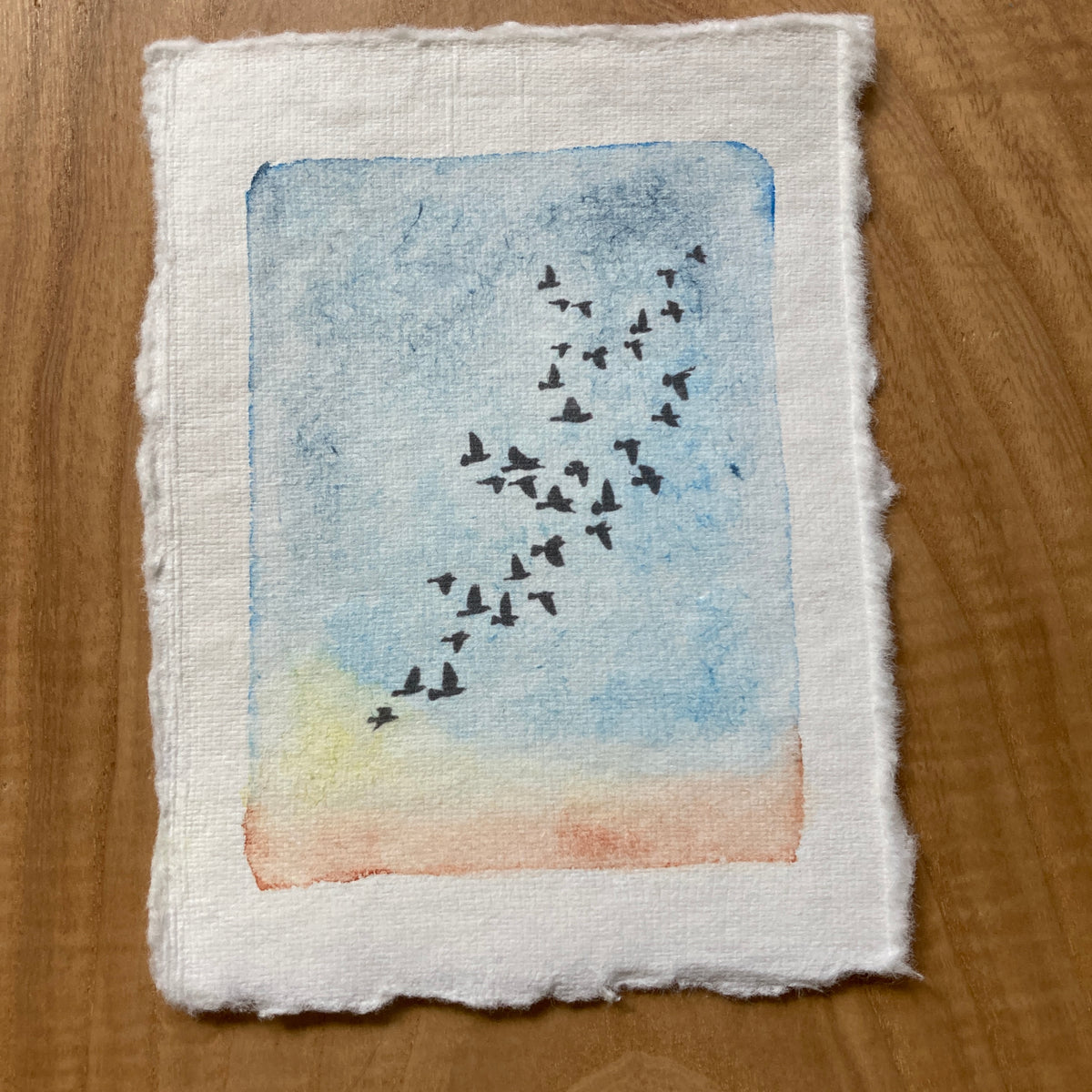 original ink + watercolor on handmade paper: soaring dawn