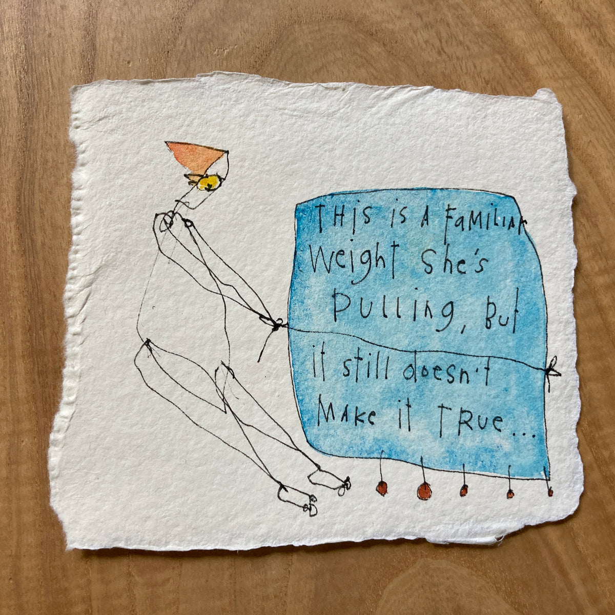 original ink + watercolor on handmade paper: familiar weight