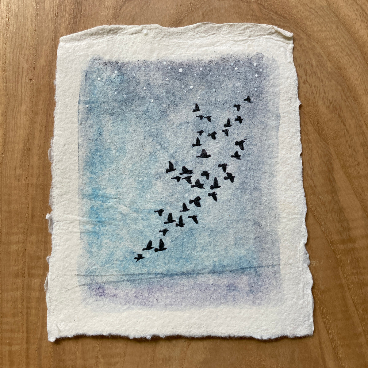 original ink + watercolor on handmade paper: soaring at dusk