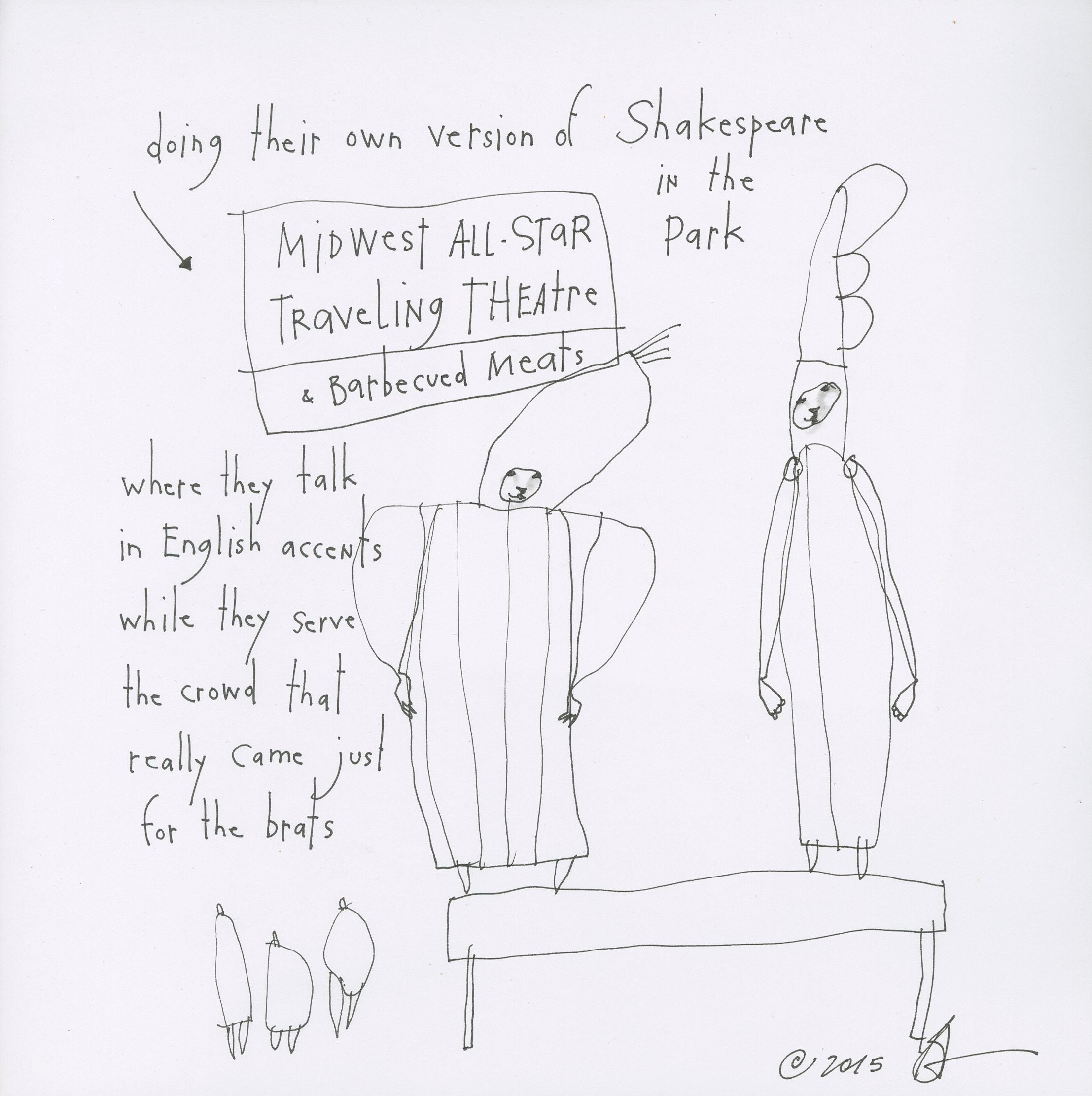 original pen &amp; ink: shakespeare in the park