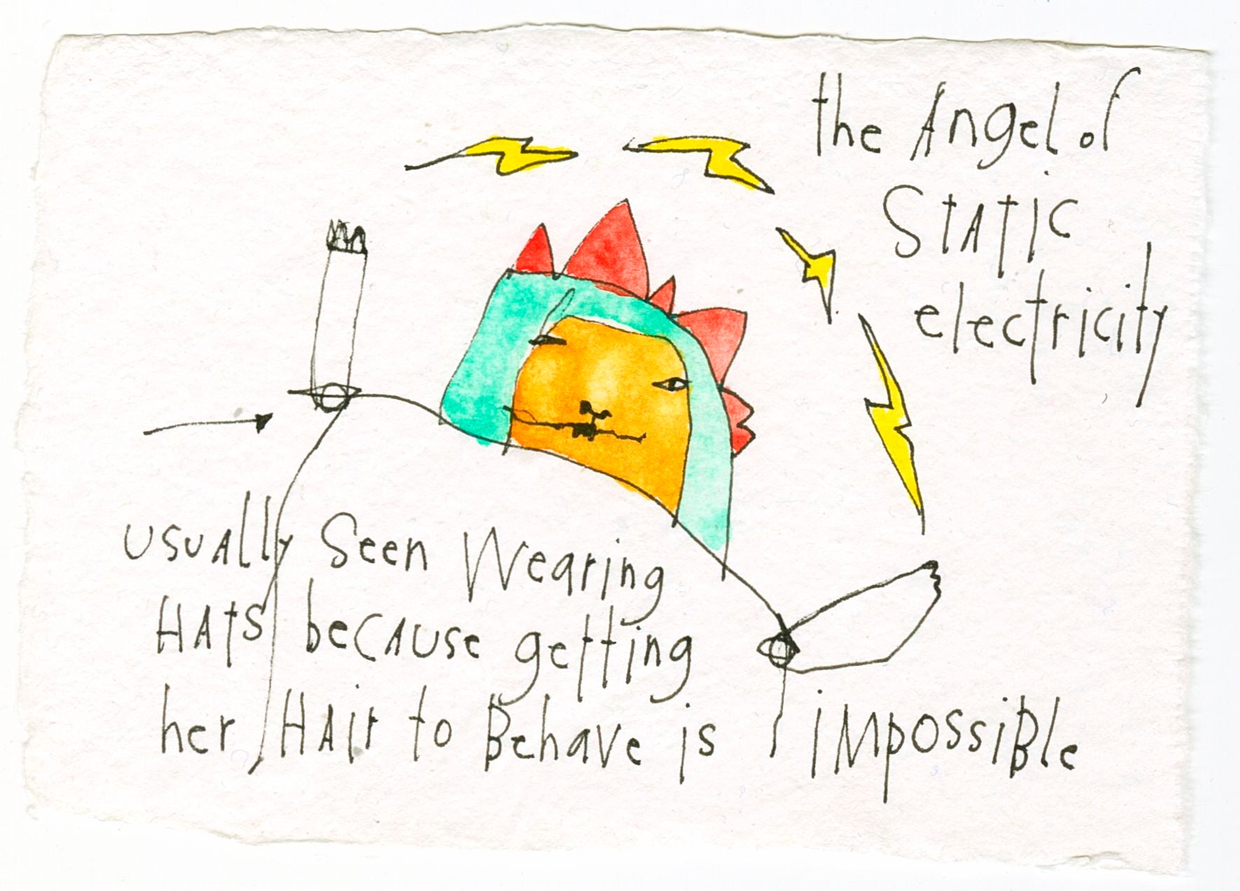 original ink + watercolor on handmade paper: angel of static electricity