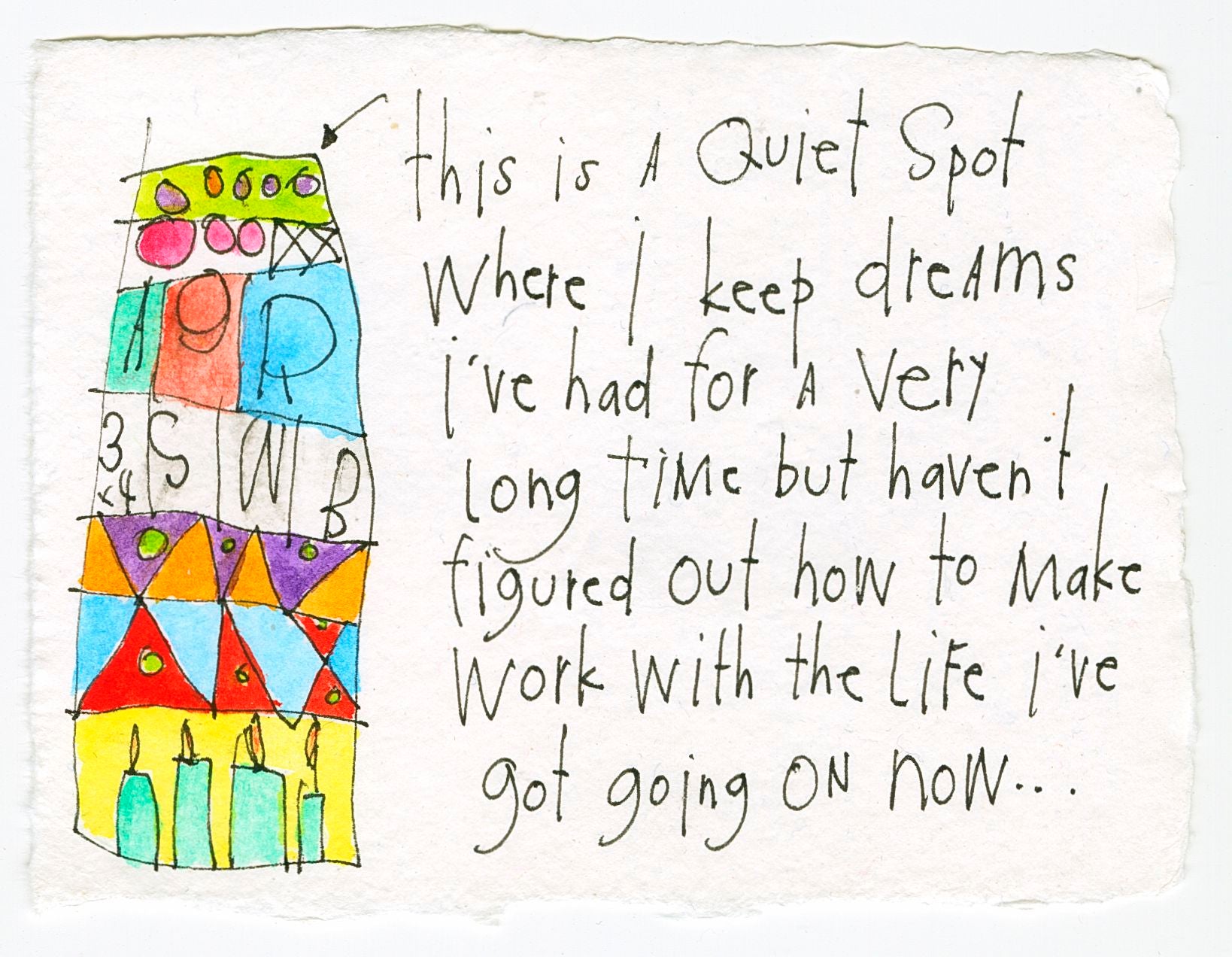 original ink + watercolor on handmade paper: quiet spot for dreams