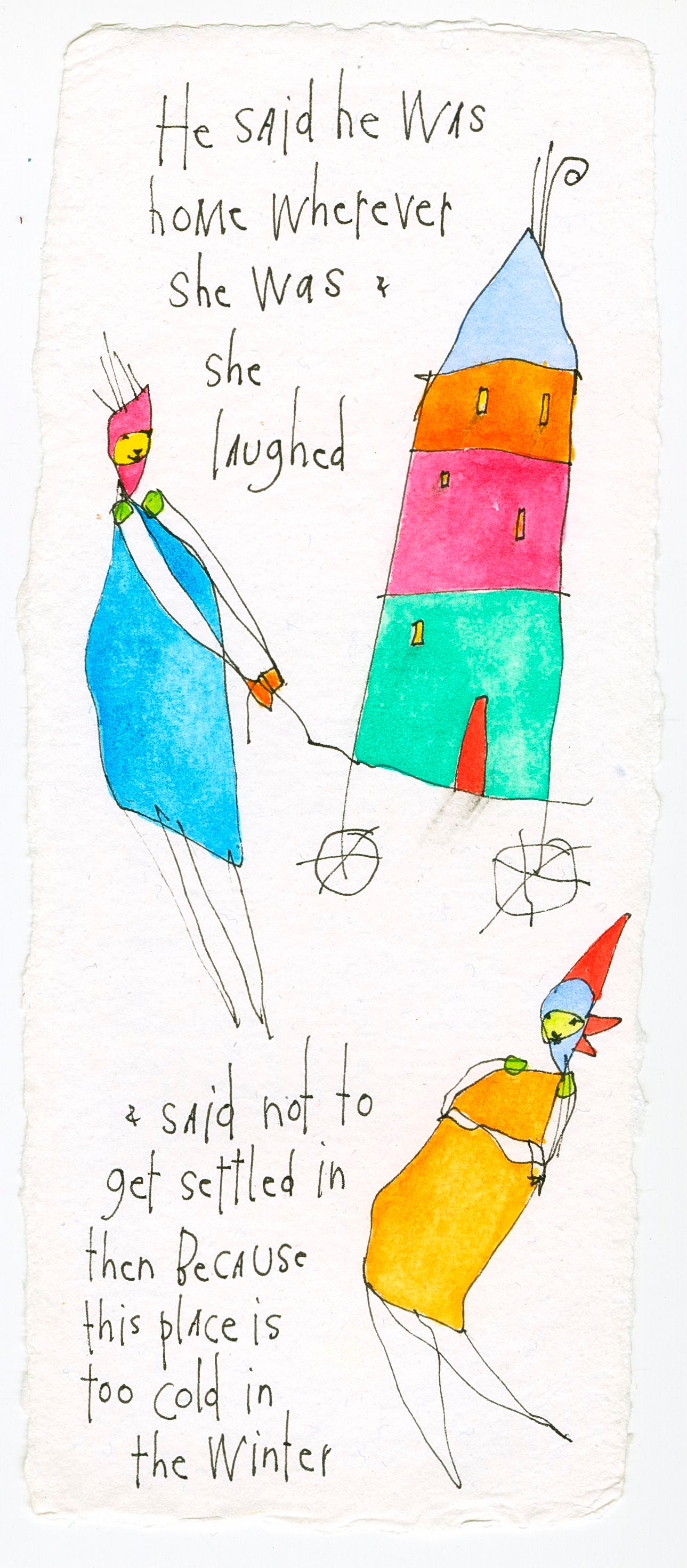 original ink + watercolor on handmade paper: home on wheels