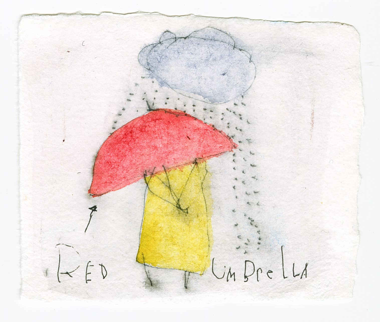 original ink + watercolor on handmade paper: red umbrella