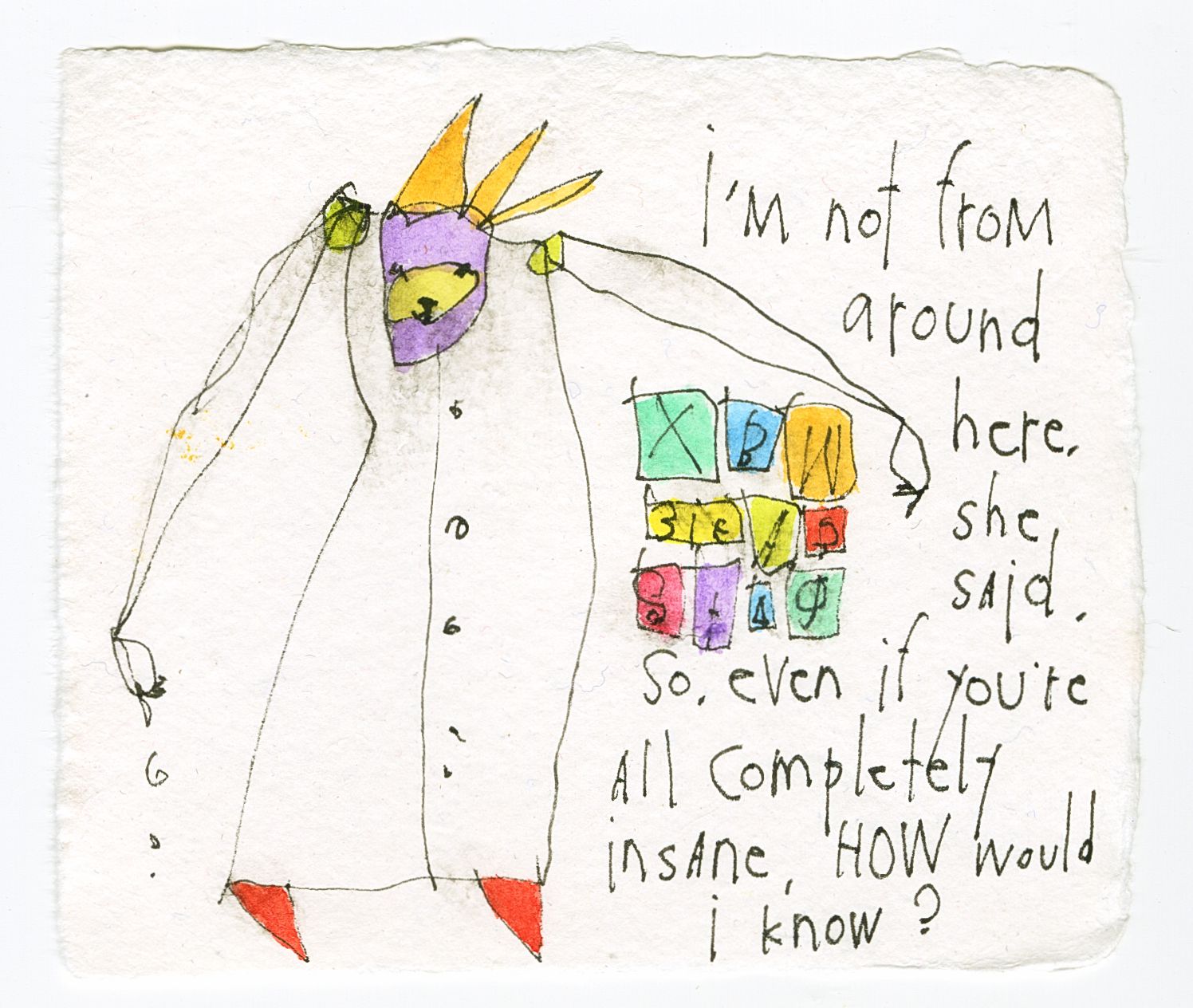 original ink + watercolor on handmade paper: just visiting