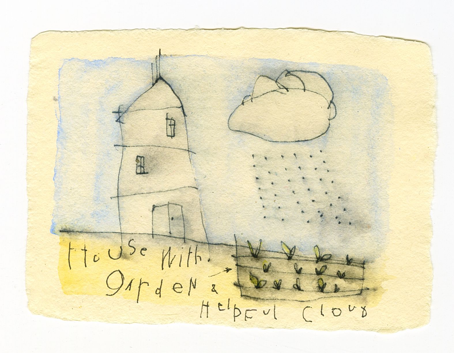 original ink + watercolor on handmade paper: garden house