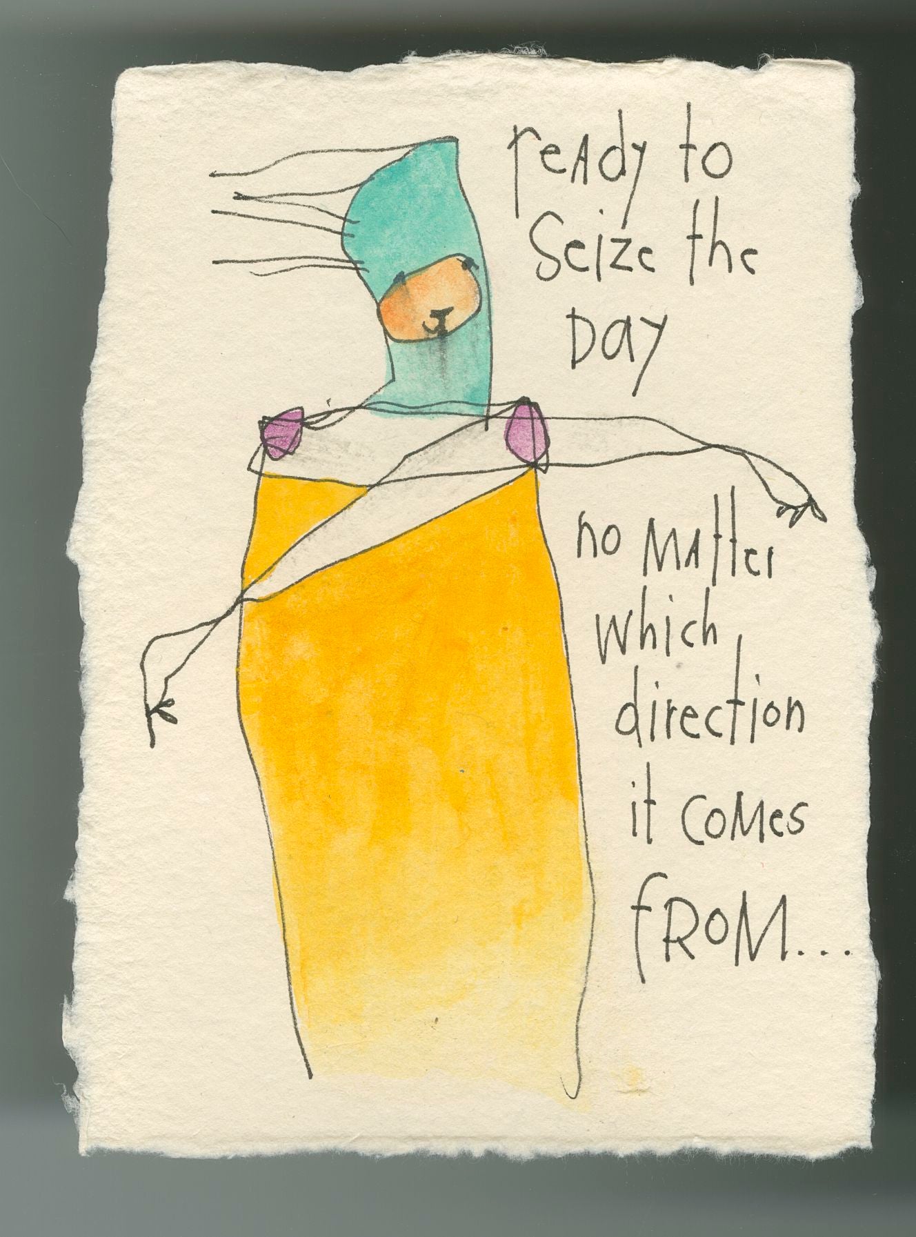 original ink + watercolor on handmade paper: seize the day