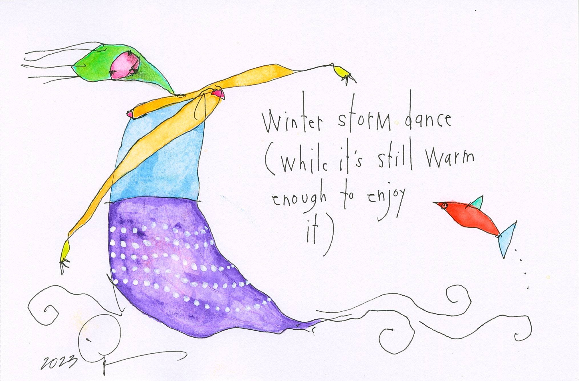 original pen &amp; ink + watercolor: winter storm dance
