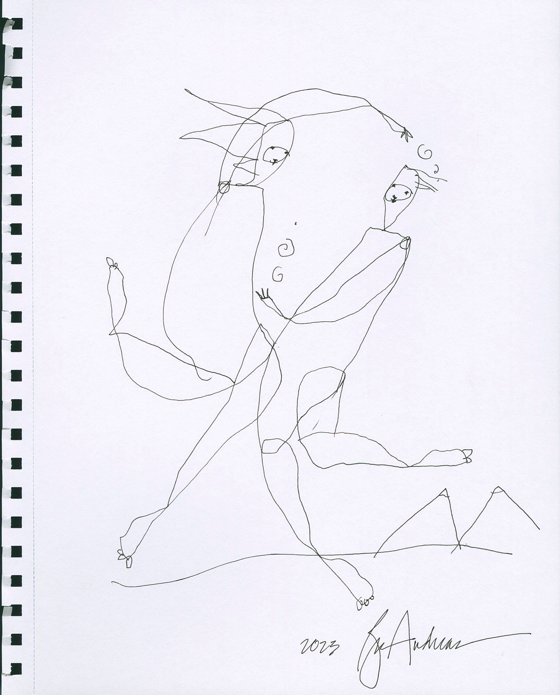 original pen + ink: mountain dancing figures