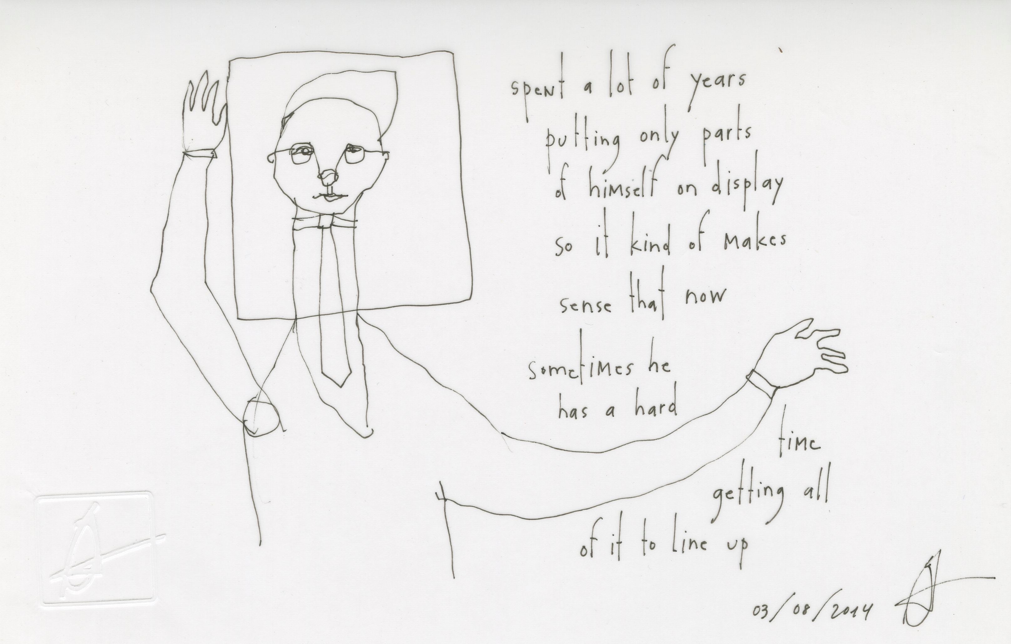 original pen + ink on vellum: man on display