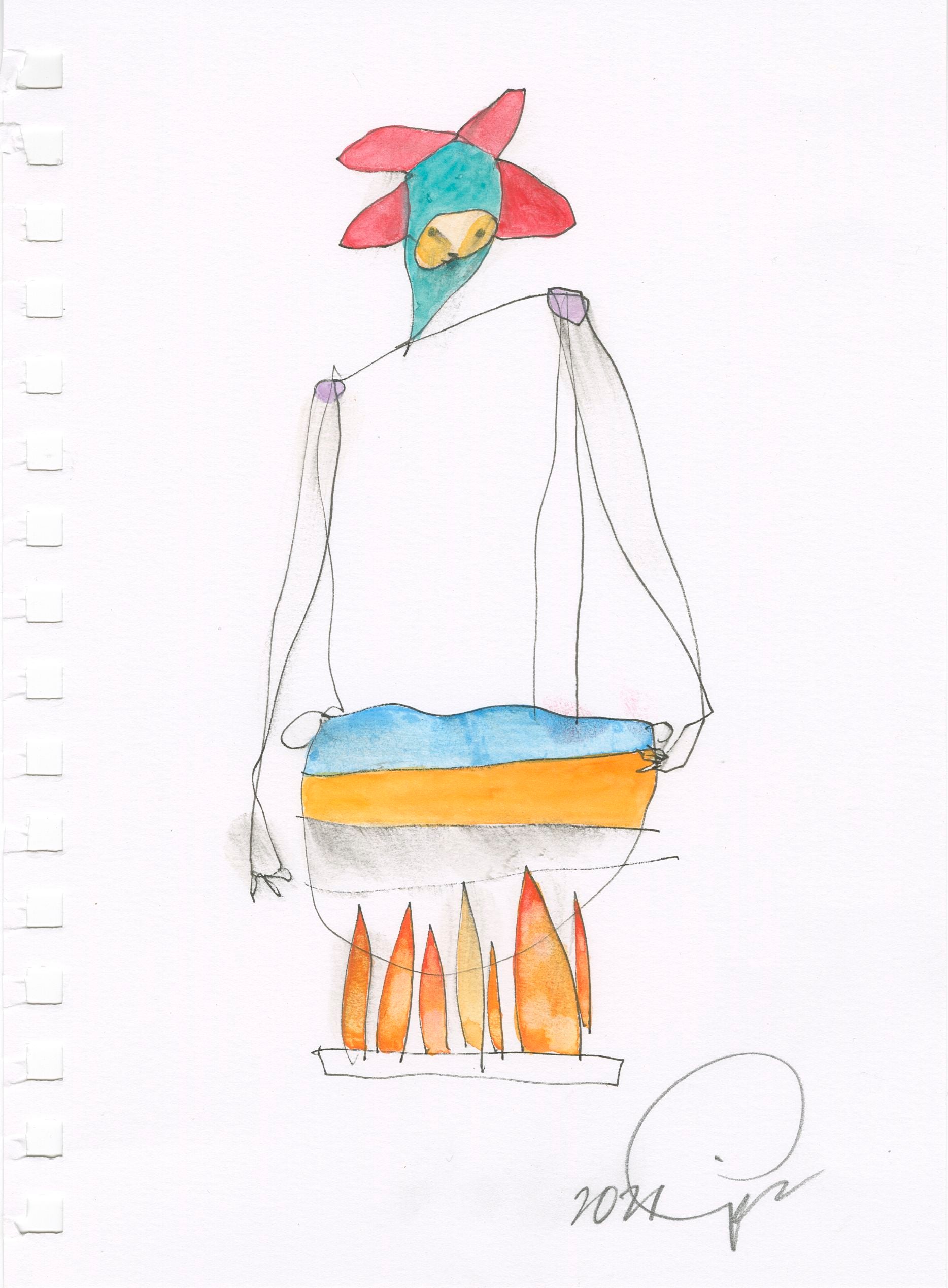 original pen + ink + watercolor: backyard chef