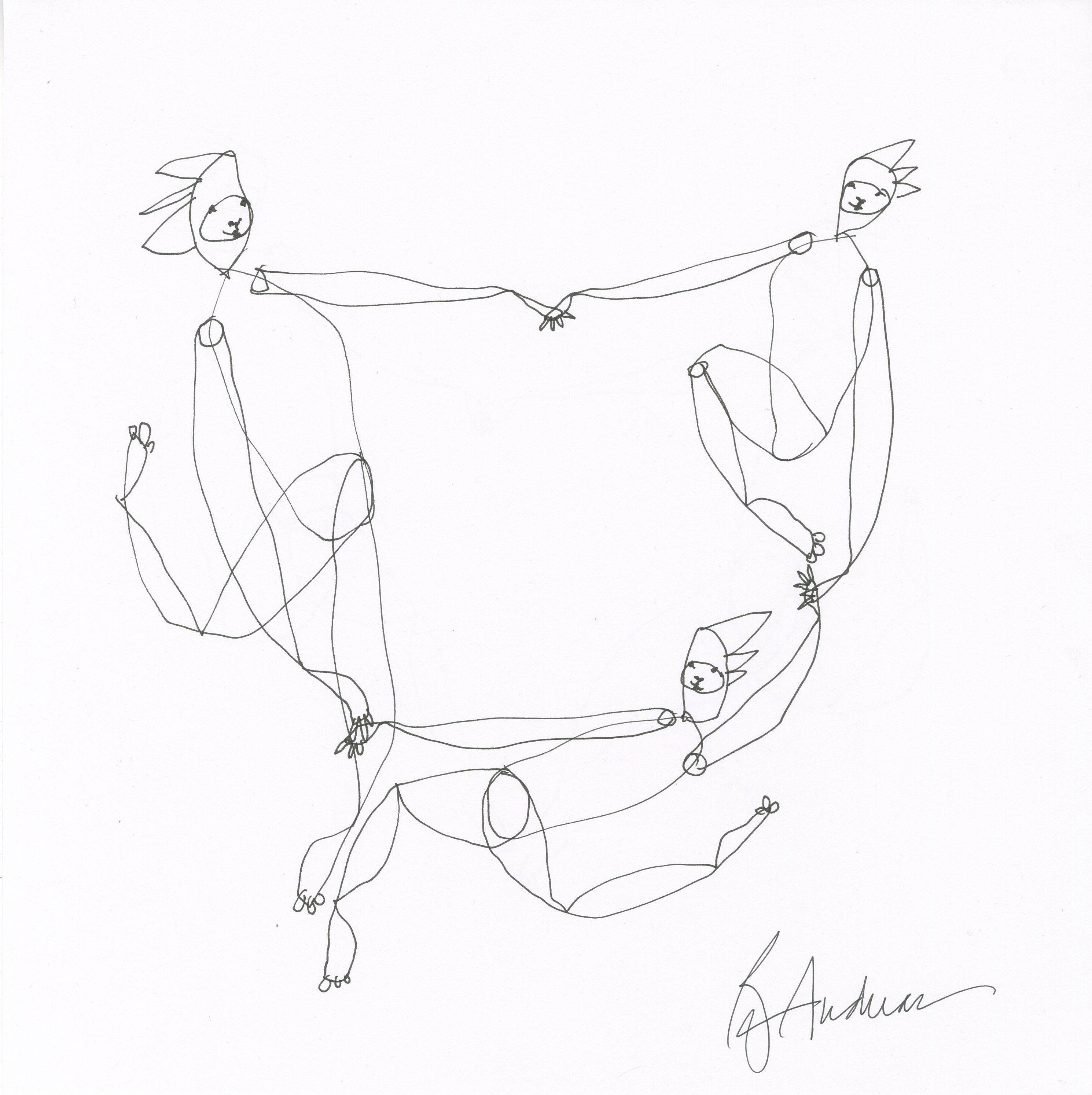 original pen + ink: dancing figures, double sided